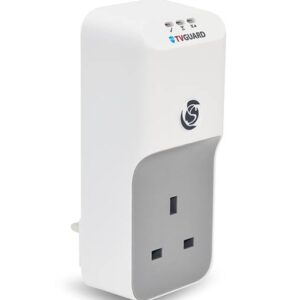 White wall-mounted power adapter with a single UK-style socket on a gray front panel and TV Guard branding nearest the top edge.