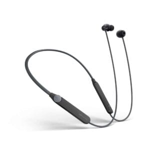 Wireless neckband earphones with inline control and in-ear buds on a white background