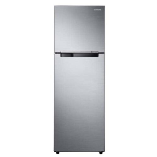 Samsung stainless steel top-freezer refrigerator with a bottom fridge compartment, freestanding appliance. Samsung stainless steel top-freezer refrigerator with a bottom fridge compartment, freestanding appliance.