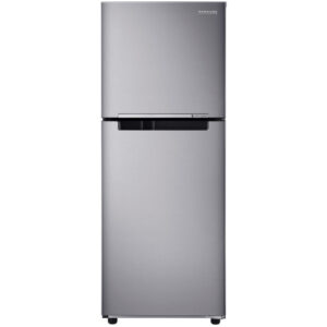 Stainless steel two-door refrigerator with a top freezer compartment and black handle accents on the doors.
