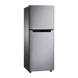 Stainless steel, two-door refrigerator with a top freezer compartment and a built-in handle-style chrome bar on the upper door.