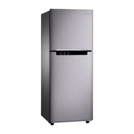 Stainless steel, two-door refrigerator with a top freezer compartment and a built-in handle-style chrome bar on the upper door. Stainless steel, two-door refrigerator with a top freezer compartment and a built-in handle-style chrome bar on the upper door.