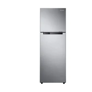 Stainless steel Samsung top-freezer refrigerator with a mid-height horizontal handle, freestanding unit