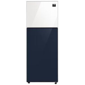 Compact two-door refrigerator with a white top freezer and a dark navy body.