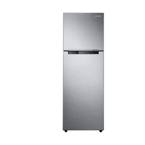 Samsung stainless steel top-freezer refrigerator with a separate bottom refrigerator compartment, freestanding appliance on small feet. Samsung stainless steel top-freezer refrigerator with a separate bottom refrigerator compartment, freestanding appliance on small feet.
