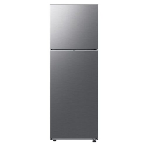 Stainless steel, two‑door refrigerator with a top freezer compartment. Stainless steel, two‑door refrigerator with a top freezer compartment.
