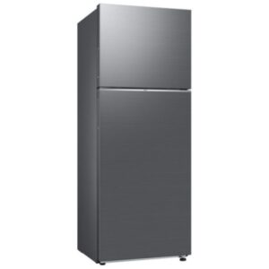 Stainless steel, two-door refrigerator with a top freezer against a white background.