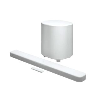 White soundbar with a matching cylindrical wireless subwoofer and small remote control, set on a white background