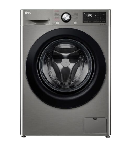 LG front-loading washing machine with a large circular door and stainless-steel finish, viewed from the front. LG front-loading washing machine with a large circular door and stainless-steel finish, viewed from the front.