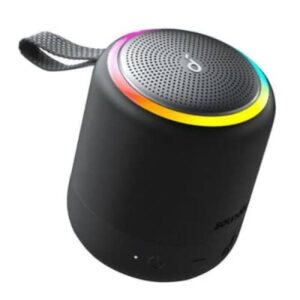 Black cylindrical Bluetooth speaker with rainbow LED ring and fabric strap on top edge