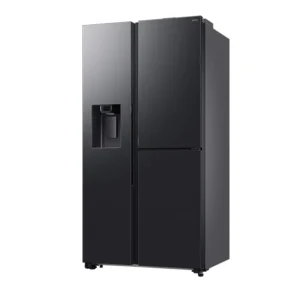 Black side-by-side refrigerator with a built-in water/ice dispenser on the left door and two-door configuration on the right.