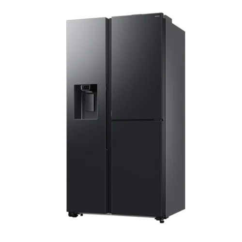 Black side-by-side refrigerator with a built-in water/ice dispenser on the left door and two-door configuration on the right. Black side-by-side refrigerator with a built-in water/ice dispenser on the left door and two-door configuration on the right.
