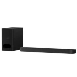 Black home theater speaker set with a compact subwoofer and a long soundbar on a white background. Black home theater speaker set with a compact subwoofer and a long soundbar on a white background.