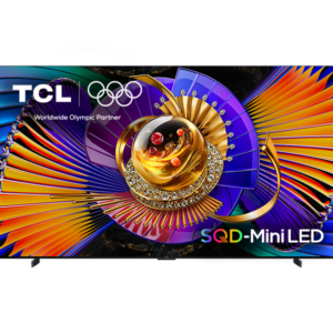Colorful abstract design on a TCL TV screen with the 'Worldwide Olympic Partner' logo and 'SQD-MiniLED' text.