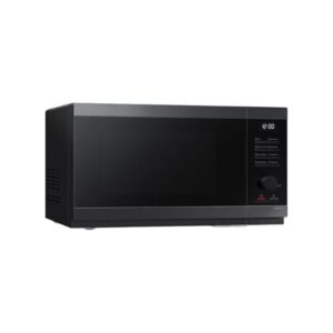 Black microwave oven with digital clock showing 12:00 on the right-side control panel.