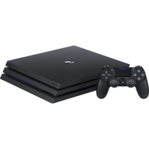 Black PS4 Slim console with a wireless DualShock controller on a white background (informative setup)