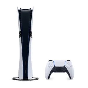 Sony PlayStation 5 console standing upright with a DualSense wireless controller beside it, ready for gaming.