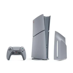 Sony PlayStation 5 console standing upright with a DualSense controller and a detachable side panel