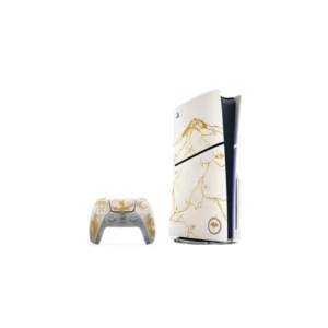 White PlayStation 5 console with a gold marble design and a matching gold-patterned DualSense controller.