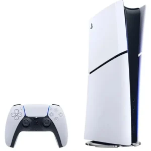 White PlayStation 5 console standing upright with its DualSense controller on a white background, showing blue accent lights.