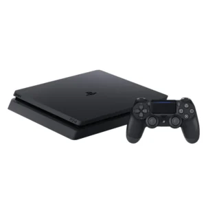 Black PlayStation 4 Pro console with a wireless DualShock controller beside it, shown at an angle