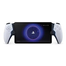 Handheld gaming console with white detachable controllers on each side, screen showing a circular blue PlayStation logo.