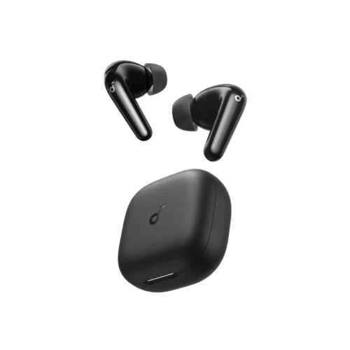 Black true wireless earbuds with a matching compact charging case shown separately from the ear buds for portable listening Black true wireless earbuds with a matching compact charging case shown separately from the ear buds for portable listening