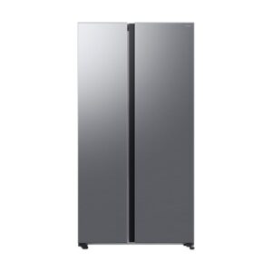Side-by-side stainless steel refrigerator with vertical doors against a white background