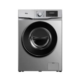 Front-loading TCL washing machine with a silver body, large circular door, and top control panel.