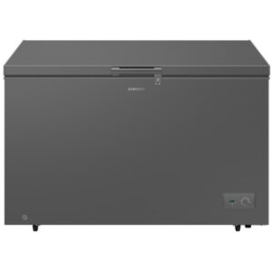 Grey chest freezer with a top-opening lid, small wheels, and a control panel on the lower right; Samsung logo on the front.