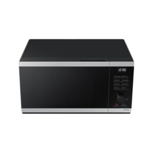 Black microwave oven with silver trim and digital clock showing 12:00 on the right-side control panel, countertop appliance moldings visible.