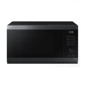 Black countertop microwave oven with a digital display and control panel on the right side.