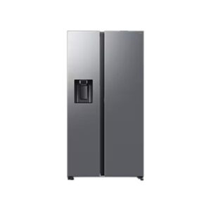 Stainless steel side-by-side refrigerator with water/ice dispenser on the left door.