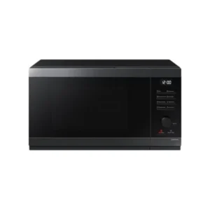 Black microwave oven with a digital clock on the right control panel, set on a kitchen counter.