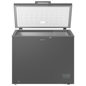 Dark gray Samsung chest freezer with the lid open, showing the white interior and a small wire basket at the top right inside the compartment.