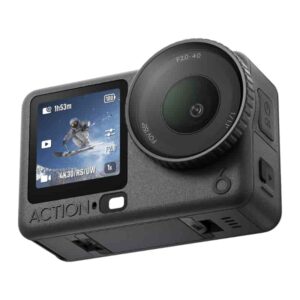 Black action camera with a wide lens, small rear LCD showing a snowboarder and performance icons; brand text 'ACTION' on the side edge.