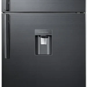 Black stainless steel, two-door refrigerator with a built-in water/ice dispenser on the lower door. Black stainless steel, two-door refrigerator with a built-in water/ice dispenser on the lower door.