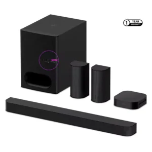 Black home theater speaker set with a long rectangular bar, three small modular speakers, and a large subwoofer box; includes a warranty badge. Black home theater speaker set with a long rectangular bar, three small modular speakers, and a large subwoofer box; includes a warranty badge.