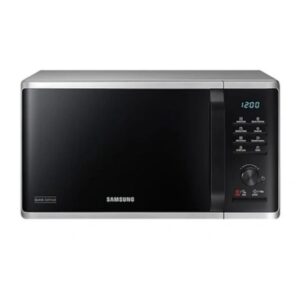 Samsung microwave oven with black door, silver trim, and digital keypad displaying 12:00.
