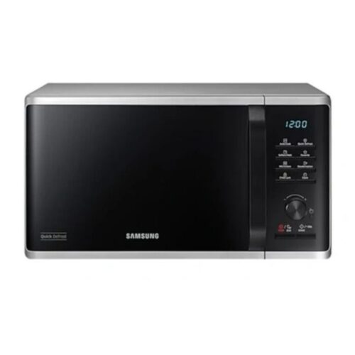 Samsung microwave oven with black door, silver trim, and digital keypad displaying 12:00. Samsung microwave oven with black door, silver trim, and digital keypad displaying 12:00.