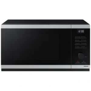 Black Samsung microwave oven with a digital clock showing 12:00 and a right-side control panel.