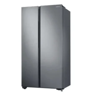 Two-door side-by-side refrigerator with a dark gray finish and vertical doors on a white background