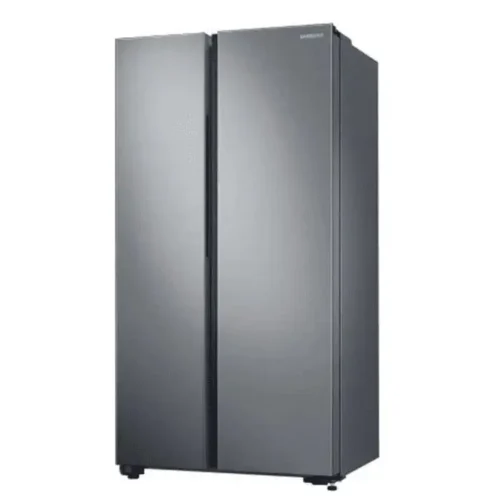 Two-door side-by-side refrigerator with a dark gray finish and vertical doors on a white background Two-door side-by-side refrigerator with a dark gray finish and vertical doors on a white background