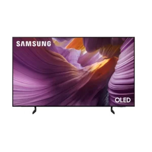 Samsung OLED TV on a white background displaying a purple abstract canyon wallpaper, with Samsung logo visible on the screen.