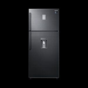 Stainless steel two-door refrigerator with a bottom freezer and a water/ice dispenser on the lower door, against a black background Stainless steel two-door refrigerator with a bottom freezer and a water/ice dispenser on the lower door, against a black background