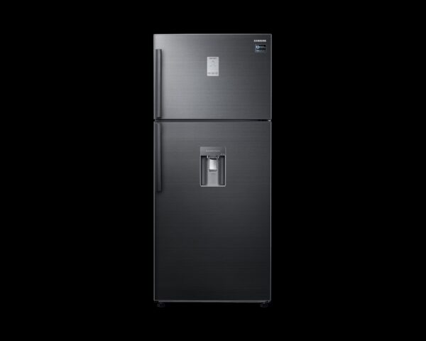 Stainless steel two-door refrigerator with a bottom freezer and a water/ice dispenser on the lower door, against a black background Stainless steel two-door refrigerator with a bottom freezer and a water/ice dispenser on the lower door, against a black background