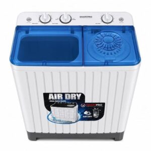 White top-load twin-tub washing machine with blue lids and an Air Dry label on the front