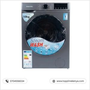 Gray front-loading washing machine with large circular door, Steam Wash label on its drum, 10kg capacity sticker visible on top-left.