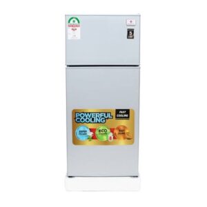 Silver two-door top-freezer refrigerator with a large colorful cooling sticker on the lower door and a small energy label on the top left.