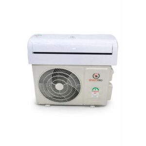 Outdoor split-system air conditioner unit with a prominent circular fan grille and a white indoor/evaporator section mounted above it